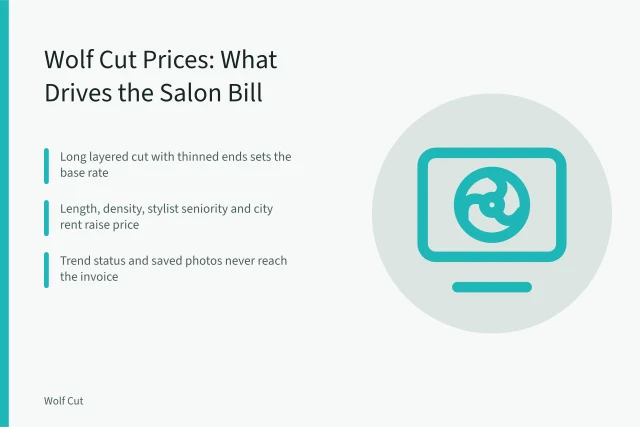 Wolf cut pricing card showing layered cut costs and salon surcharges. Wolf cut salon prices in US cities: what drives the cost and what doesn't