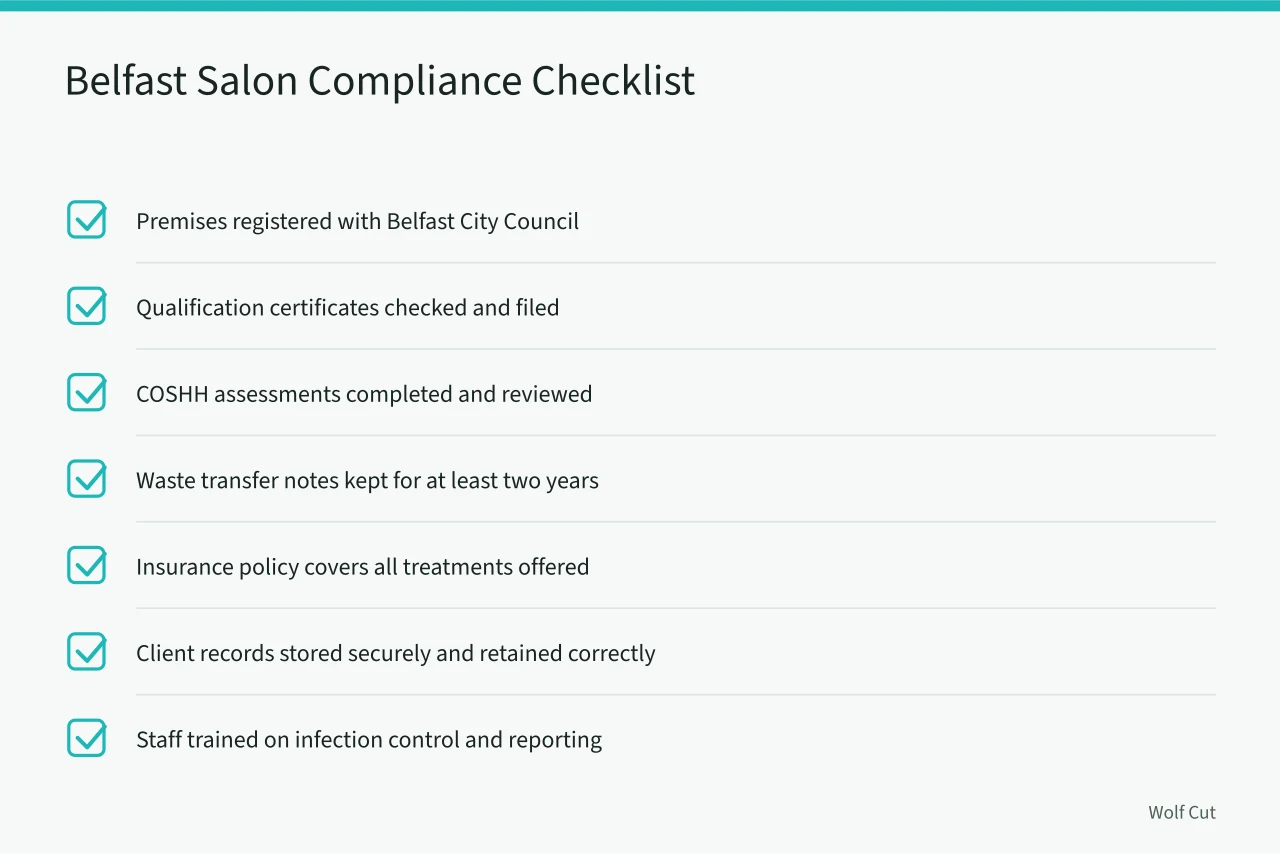 Checklist of seven compliance duties for Belfast hairdressing salons (Belfast hairdressing rules, blending UK and Irish training and regulations)