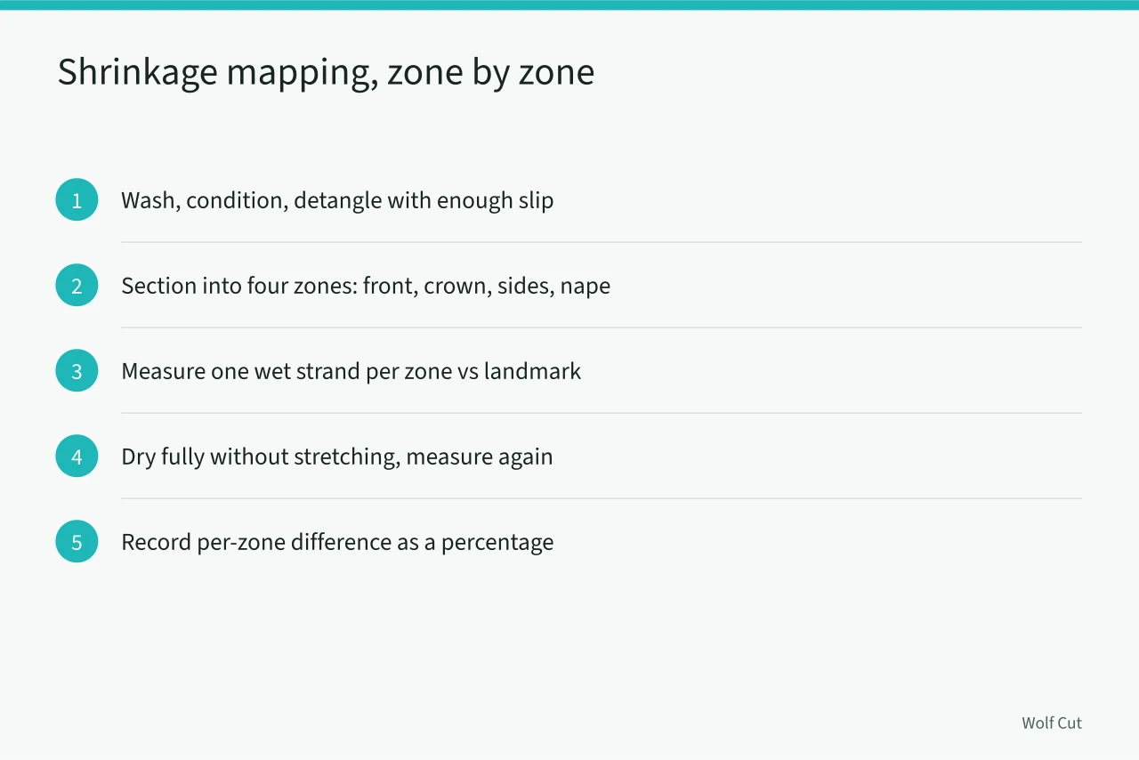 Five-step shrinkage mapping sequence for coily hair zones (Adapting wolf cuts for Birmingham's curly and coily hair textures)