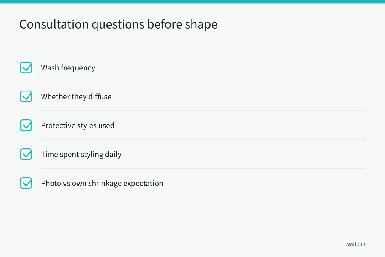 Checklist of consultation questions for coily wolf cut clients (Adapting wolf cuts for Birmingham's curly and coily hair textures)