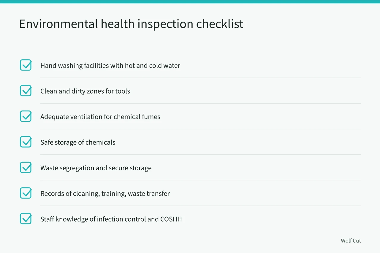 Checklist of items environmental health officers inspect in Cardiff salons (Cardiff salon rules, a checklist for licensing and environmental health)