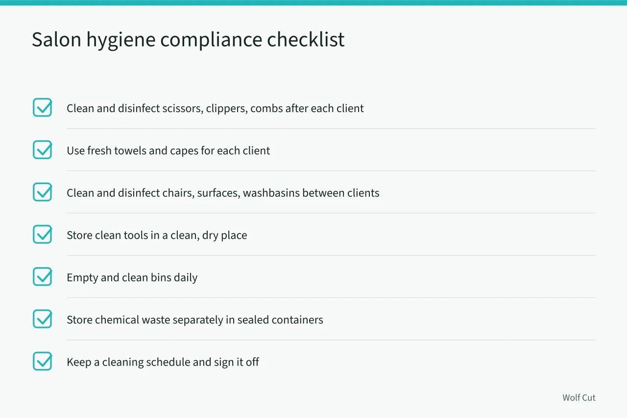 Checklist of hygiene tasks for Cardiff salon tools, stations, and waste (Cardiff salon rules, a checklist for licensing and environmental health)