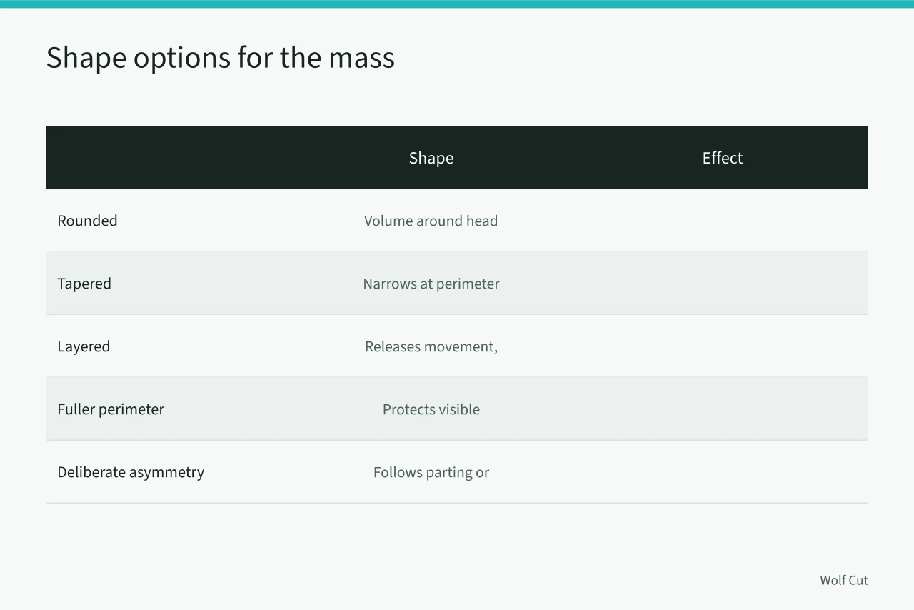 Comparison table of five shape options and their effects (Shrinkage and density anchor this curly and coily haircutting guide)