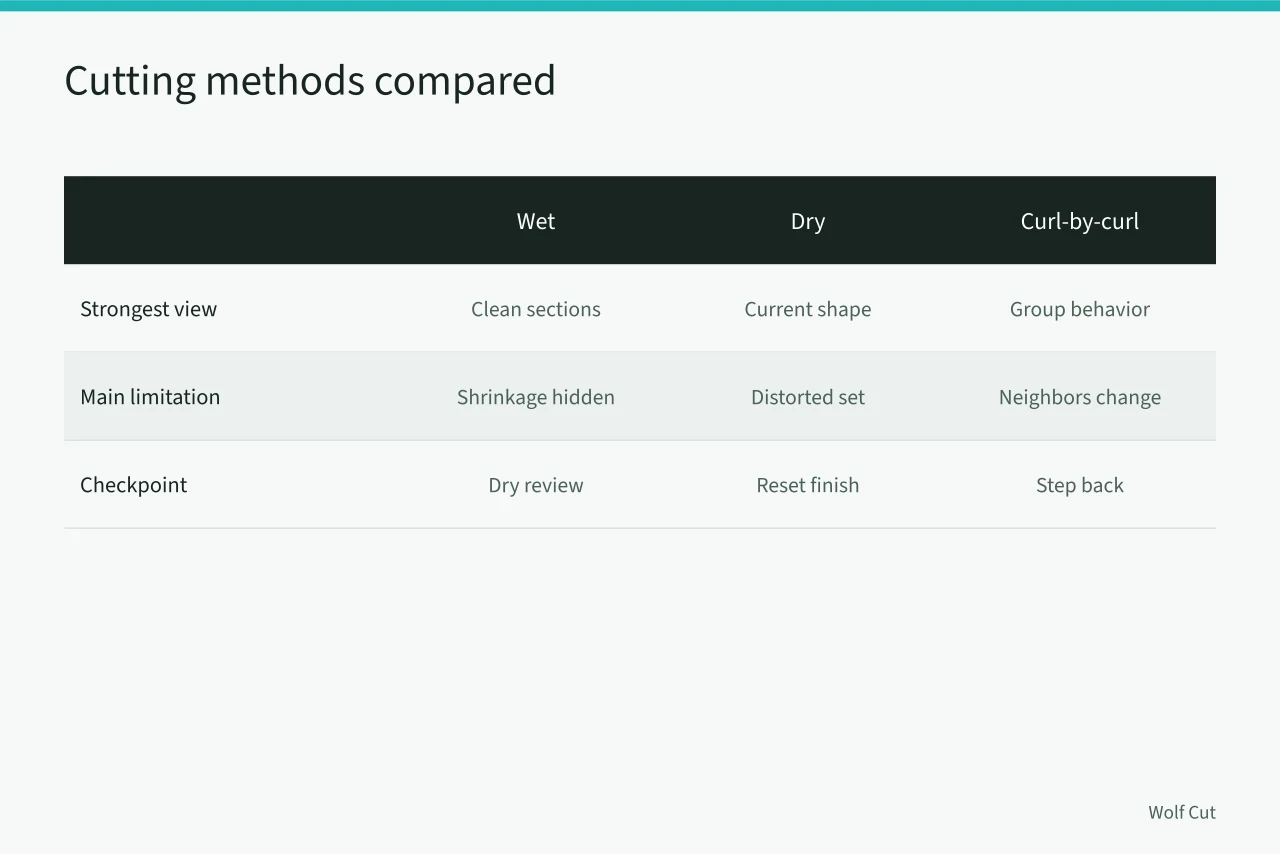 Comparison table of wet, dry, curl-by-curl, and stretched cutting methods (Wet versus dry curly cutting: which method controls shrinkage better)