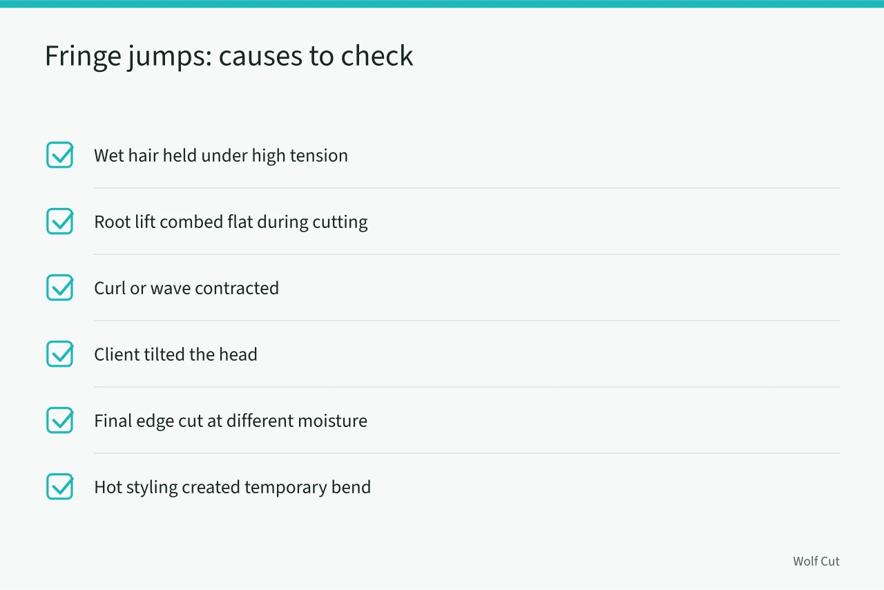 Checklist of six causes for a fringe jumping after drying (Why a fringe jumps, gaps or sits heavy, and how to fix it)
