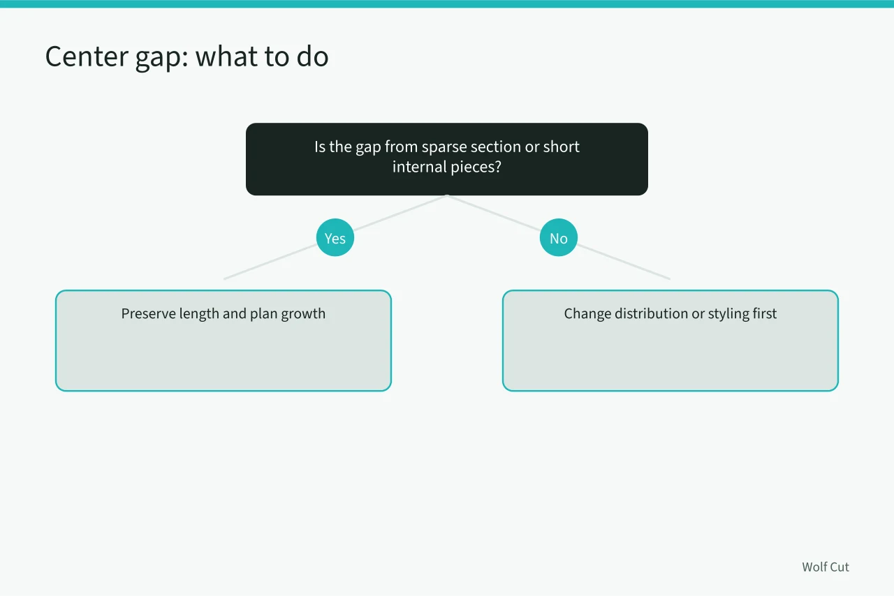 Decision flow for fixing a center gap in a fringe (Why a fringe jumps, gaps or sits heavy, and how to fix it)