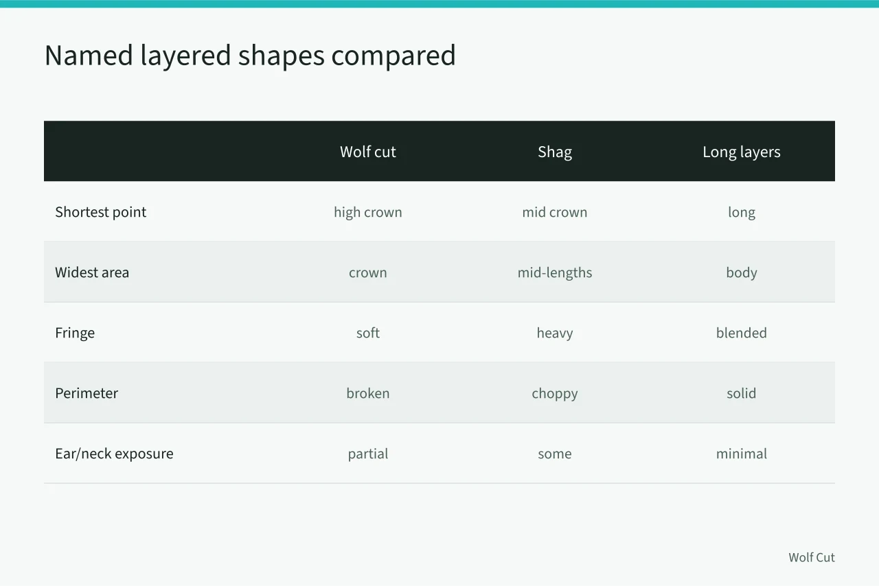 Comparison chart of wolf cut, shag, long layers, and taper silhouettes (Nine planning problems that surface before the scissors even open)