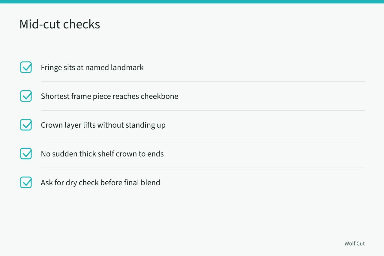 Checklist of four mid-cut checks plus dry check (How to ask for a wolf cut without a photo and still get the shape)