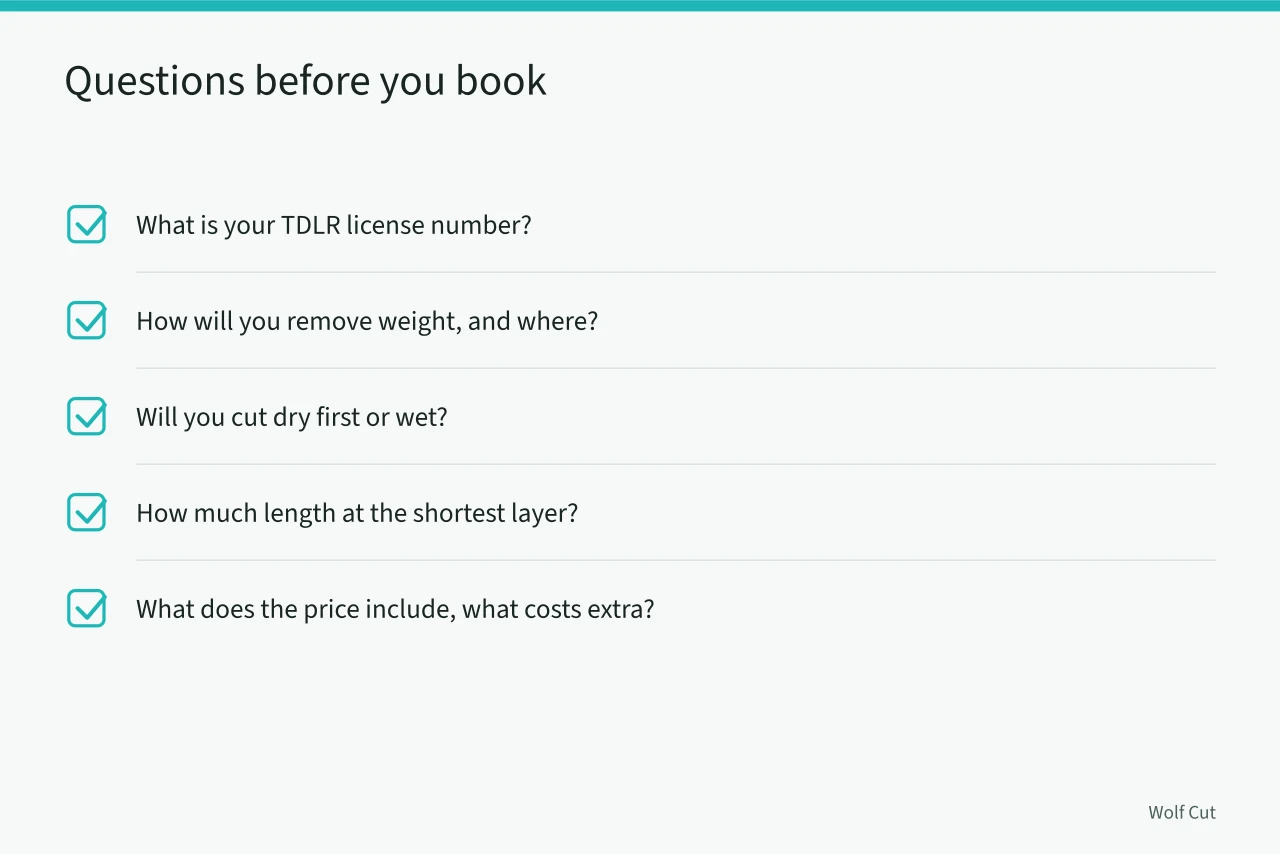 Checklist of five questions to ask a wolf cut stylist (How to vet a wolf cut specialist in Austin before you book)