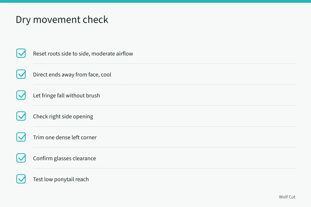 Checklist of dry movement tests for curtain fringe balance and function (An overgrown fringe case: resetting landing points and recoil)