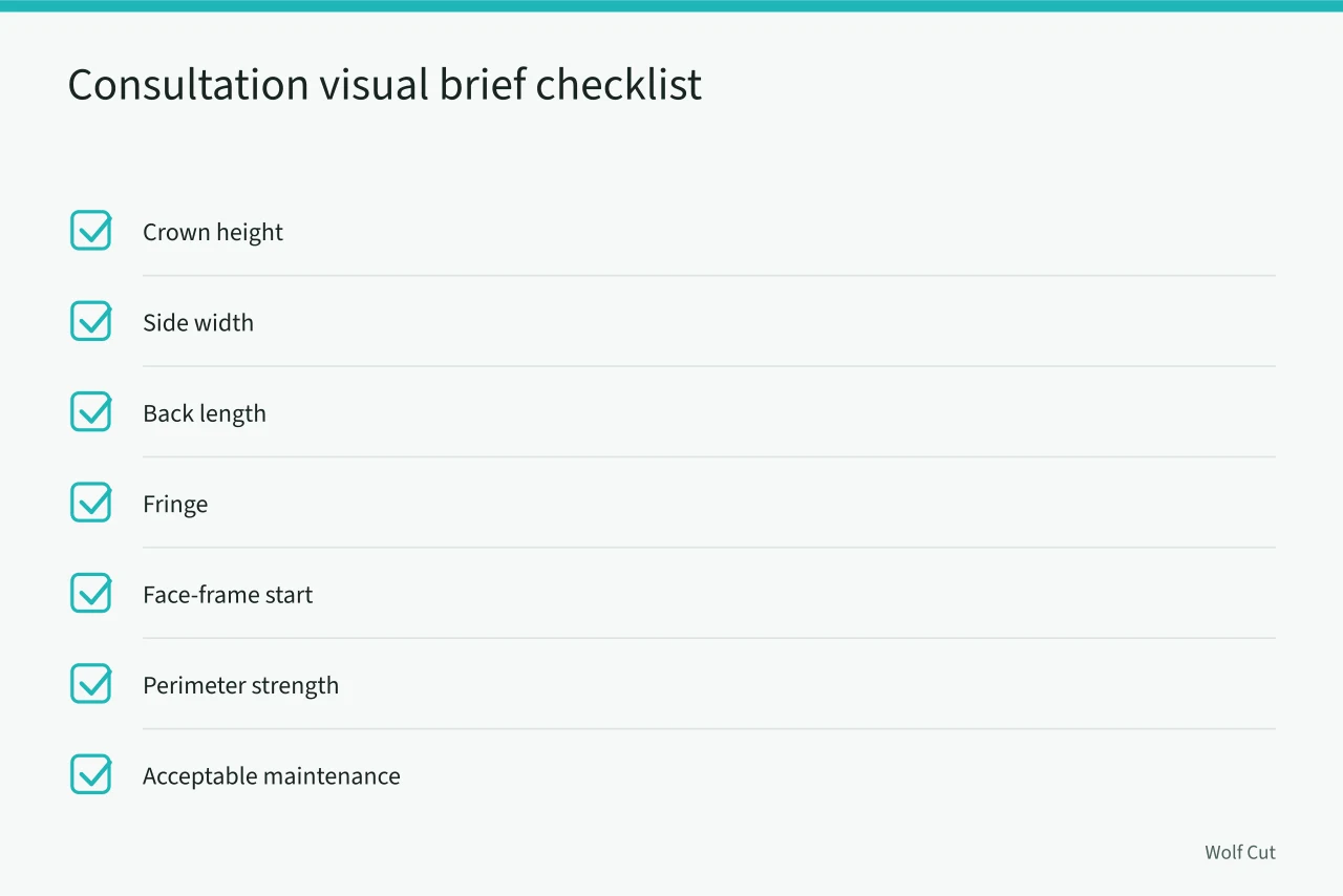 Checklist of consultation outcomes for a customized wolf cut (Planning a customized wolf cut from zone map to final finish)