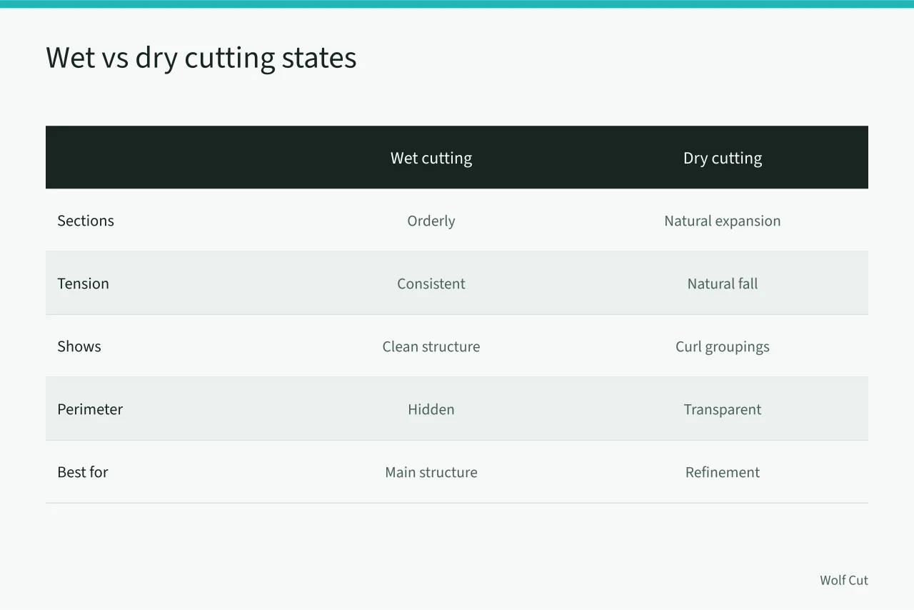 Comparison table of wet and dry cutting effects on a wolf cut (Planning a customized wolf cut from zone map to final finish)