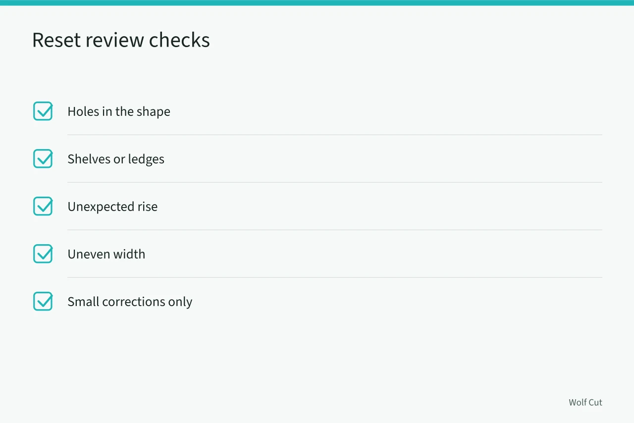 Checklist of five reset review checks after washing or moisturizing (Planning a dry-informed curly haircut with a proper zone map)