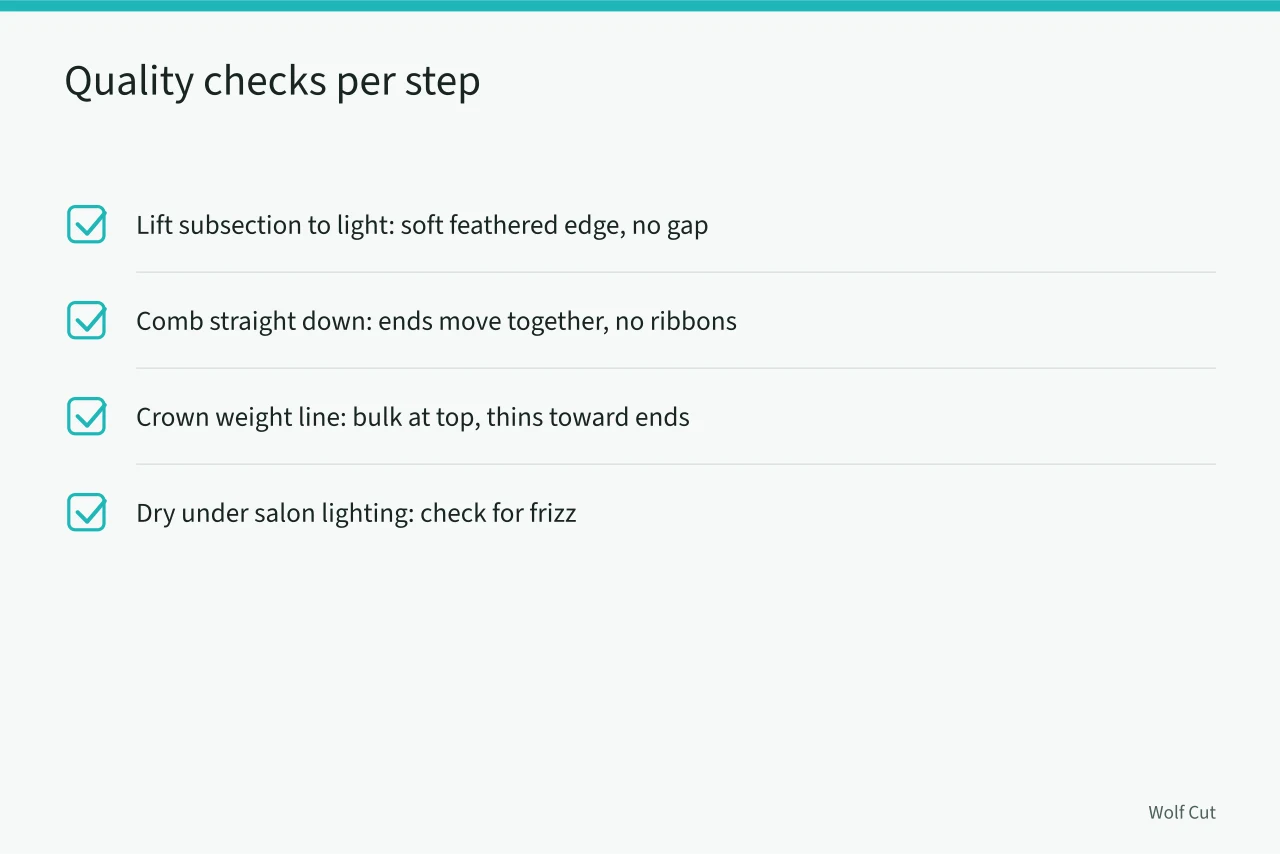 Four-point checklist for checking razor cut sections (Razor cutting a wolf cut: when it pays off and when it thins too much)