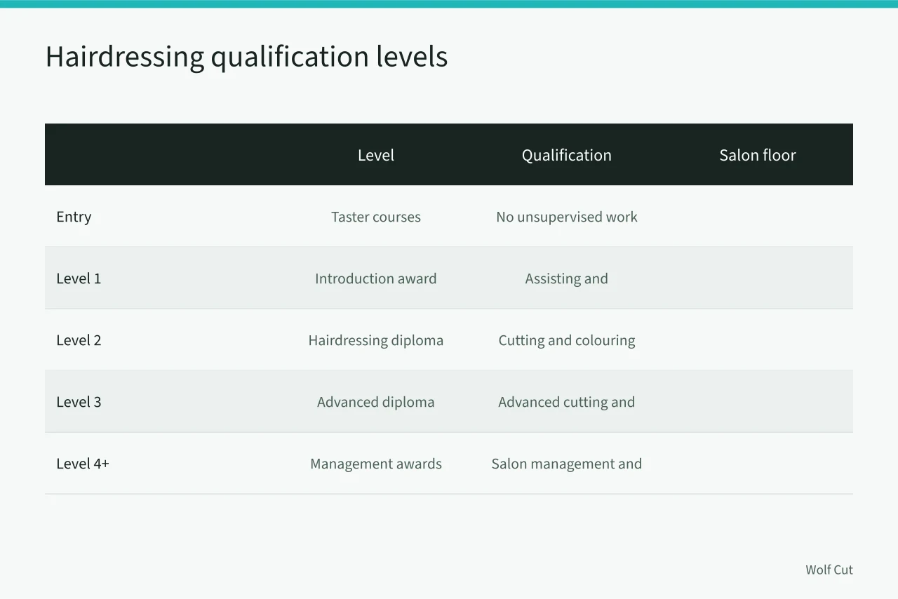 Table of UK hairdressing qualification levels and what each allows (What do NVQ and VRQ hairdressing qualifications mean for UK stylists?)