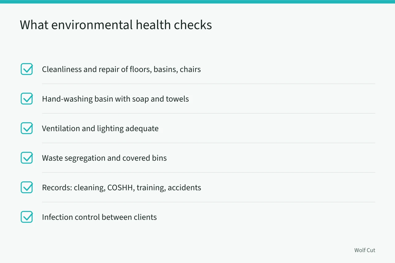 Checklist of environmental health inspection areas in a salon (How UK council licensing and HSE rules shape salon hygiene for haircutting)