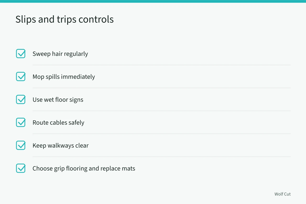 Checklist of slip and trip prevention measures in a salon (How UK council licensing and HSE rules shape salon hygiene for haircutting)