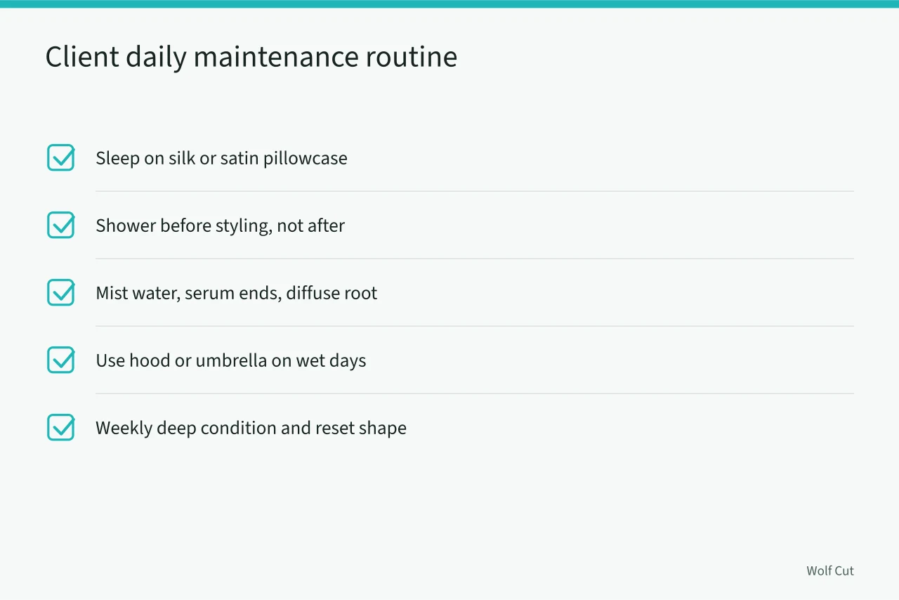 Five-item daily maintenance checklist for UK wolf cut clients between appointments (How UK damp weather affects wolf cut styling and frizz control)