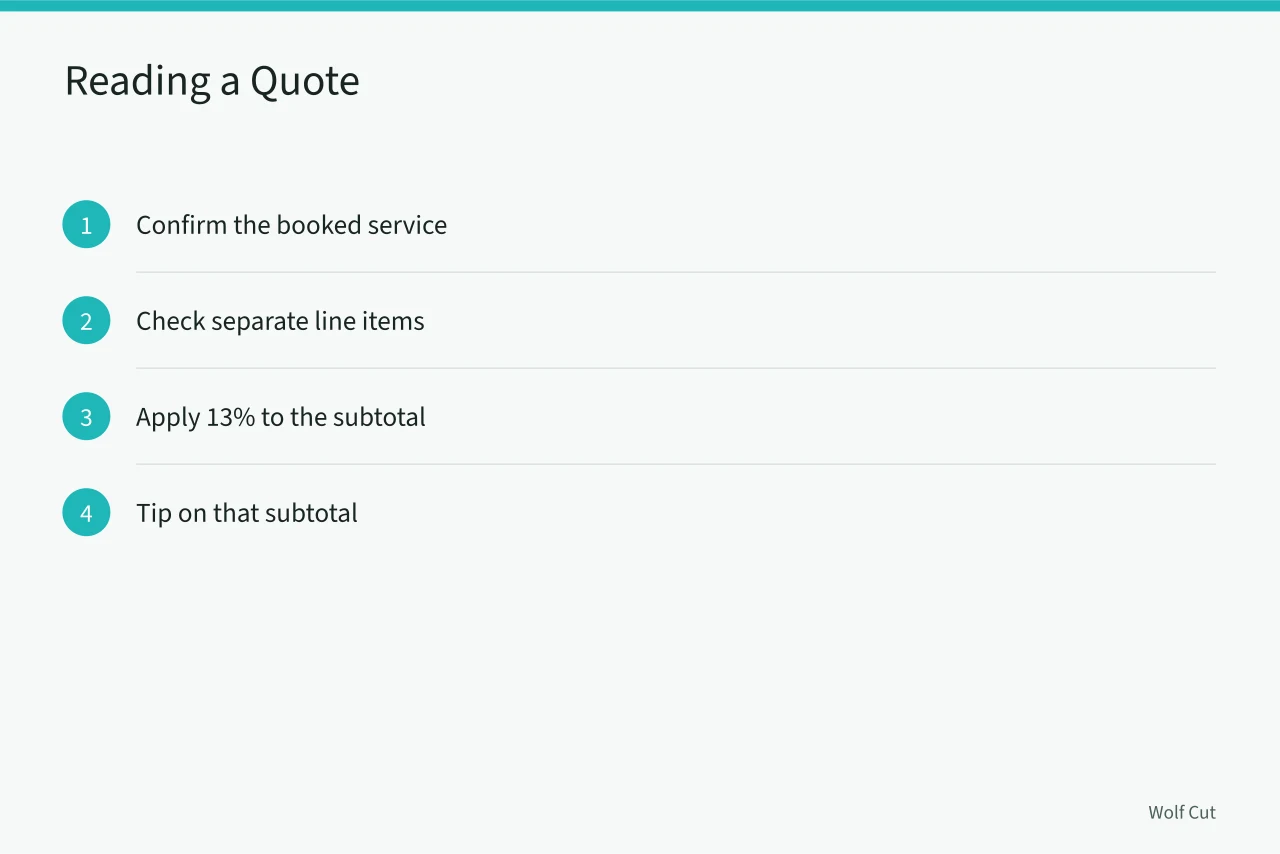 Four-step checklist for reading a Toronto salon quote with HST and tip (What does a wolf cut cost in Toronto, in CAD, and what should you tip?)