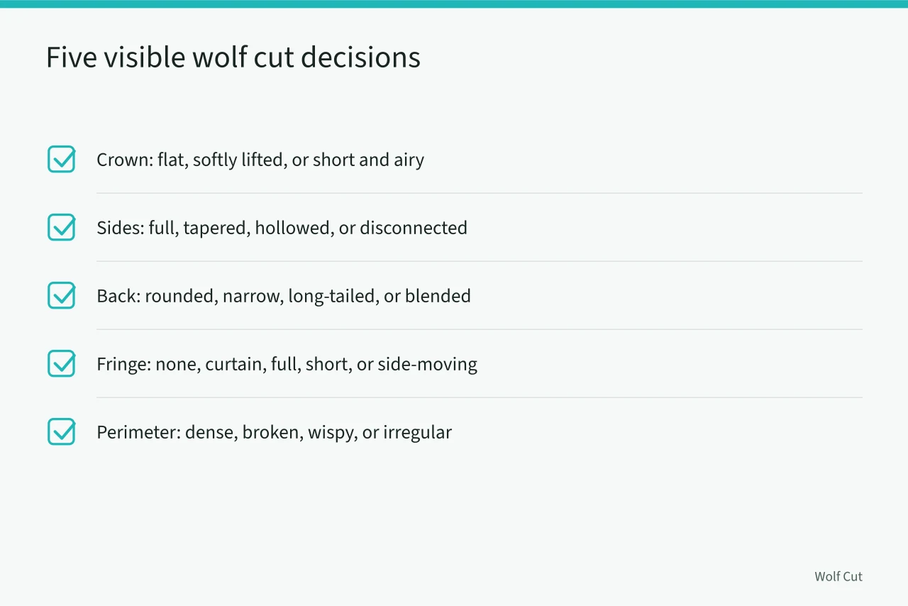 Checklist of five wolf cut areas and their shape options (Crown shape, side weight and daily styling: the wolf cut guide)