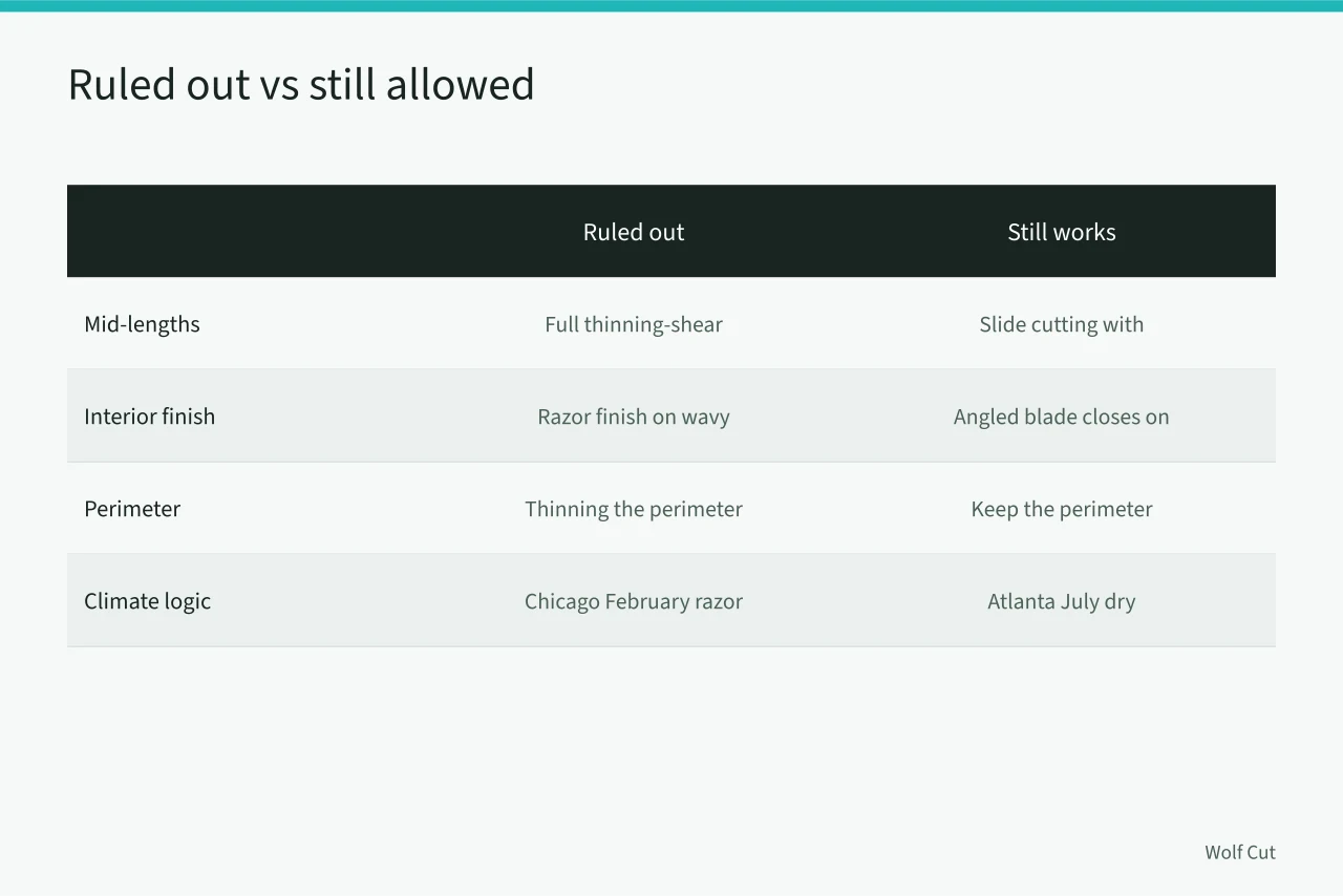 Comparison table of thinning techniques ruled out and allowed in Atlanta humidity (Wolf cut for thick wavy hair: thinning strategy for humid US cities)